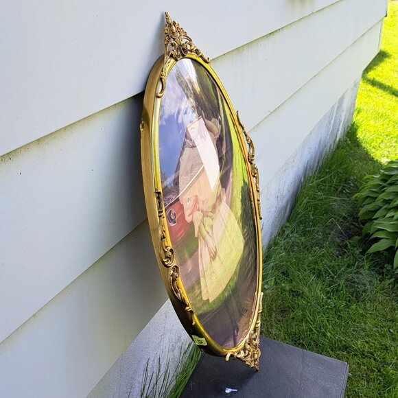 Antique Bubble Glass Brass Frame & Picture - Picture 3 of 11